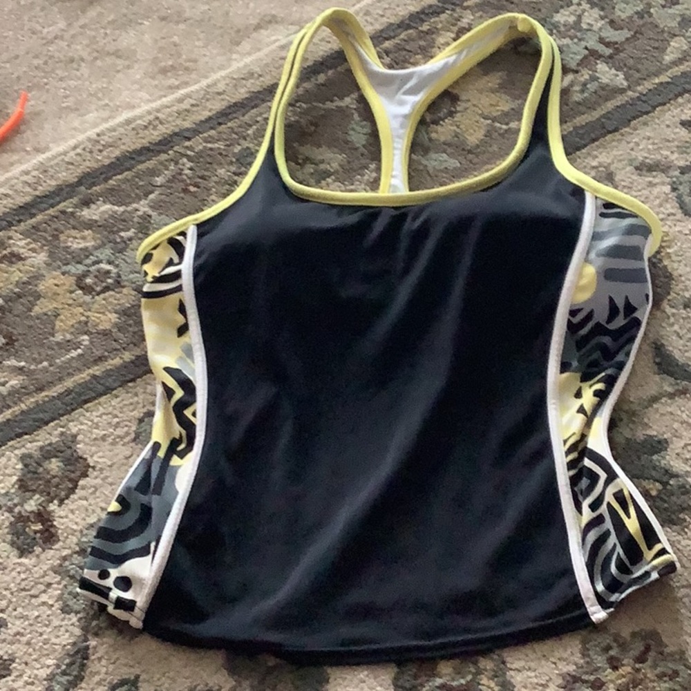 ZEROXPOSUR tankini top yellow black size 10 stretchy built in bra Box 500